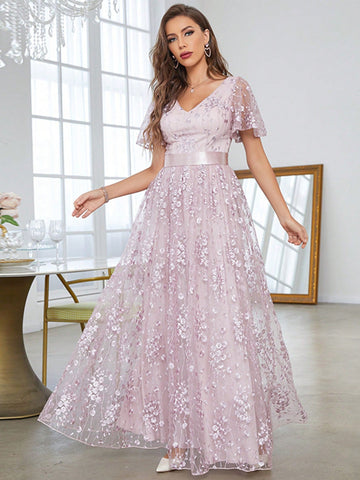 Butterfly Sleeve Lace Bridesmaid Dress