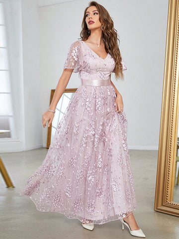 Butterfly Sleeve Lace Bridesmaid Dress