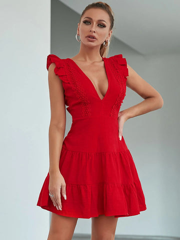 Butterfly Sleeve Lace Trim Ruffle Hem Dress