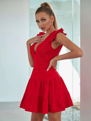 Butterfly Sleeve Lace Trim Ruffle Hem Dress