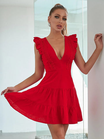 Butterfly Sleeve Lace Trim Ruffle Hem Dress