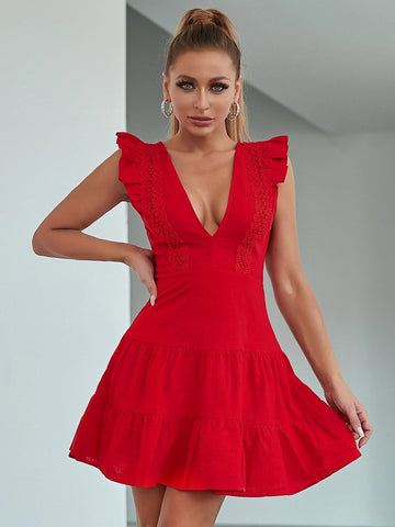 Butterfly Sleeve Lace Trim Ruffle Hem Dress