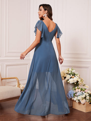 Butterfly Sleeve Ruched Bust Ruffle Trim Wrap Hem Chiffon Bridesmaid Dress