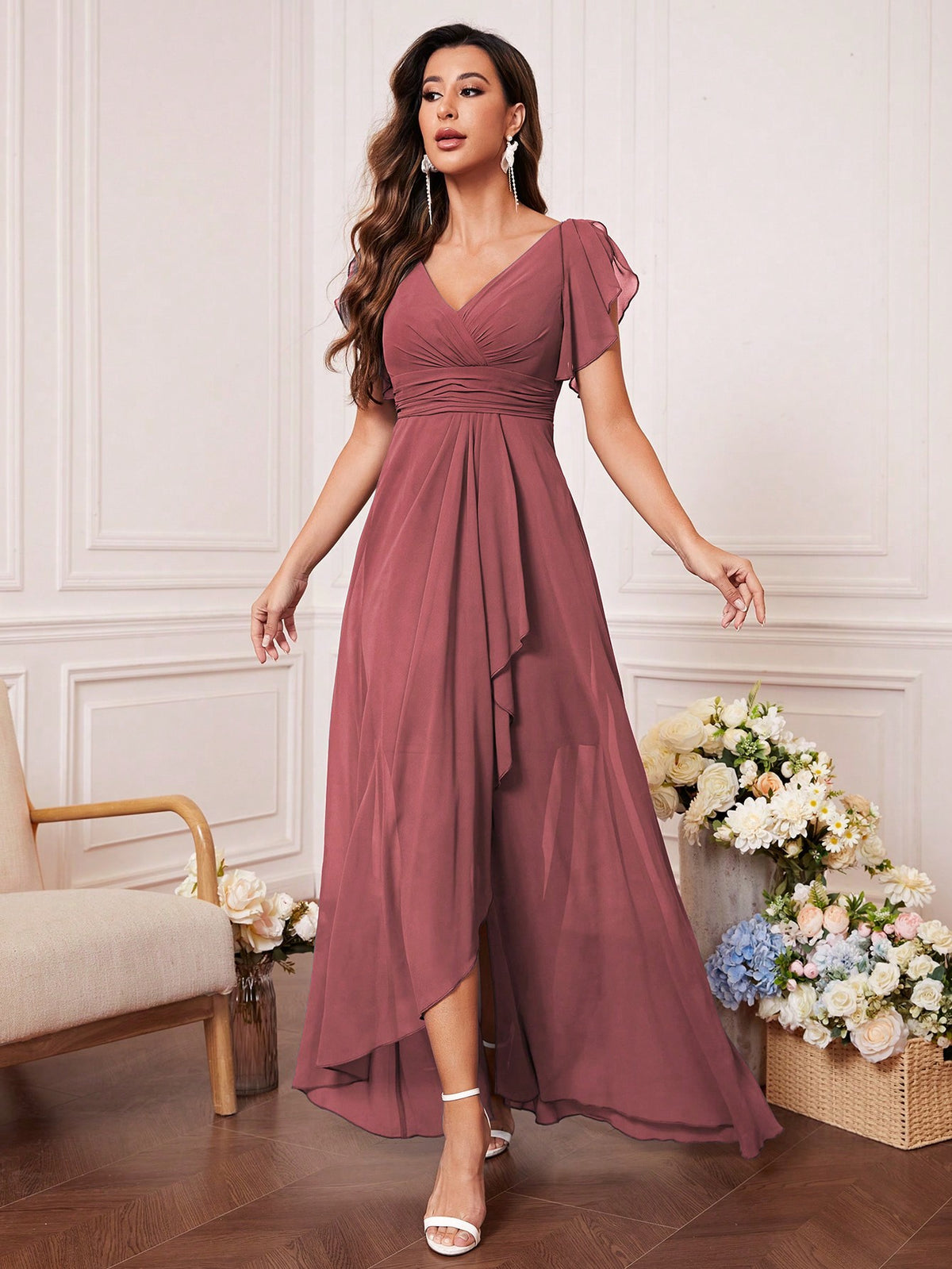 Butterfly Sleeve Ruched Wrap Hem Chiffon Bridesmaid Dress