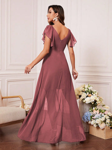 Butterfly Sleeve Ruched Wrap Hem Chiffon Bridesmaid Dress