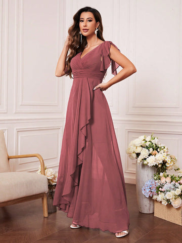 Butterfly Sleeve Ruched Wrap Hem Chiffon Bridesmaid Dress
