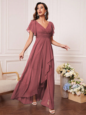 Butterfly Sleeve Ruched Wrap Hem Chiffon Bridesmaid Dress
