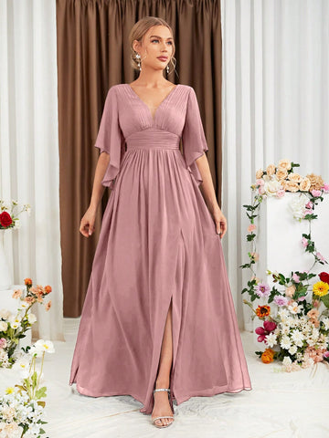 Butterfly Sleeve Split Thigh Chiffon Bridesmaid Dress