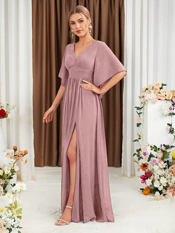 Butterfly Sleeve Split Thigh Chiffon Bridesmaid Dress