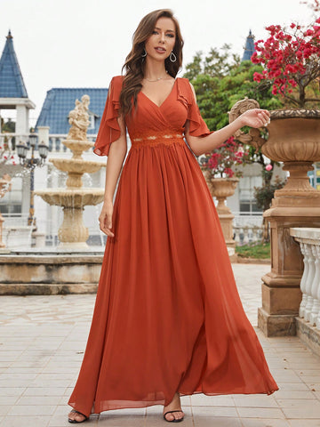 Butterfly Sleeve Split Thigh Chiffon Bridesmaid Dress