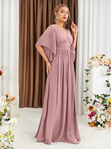 Butterfly Sleeve Split Thigh Chiffon Bridesmaid Dress