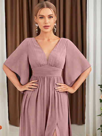 Butterfly Sleeve Split Thigh Chiffon Bridesmaid Dress