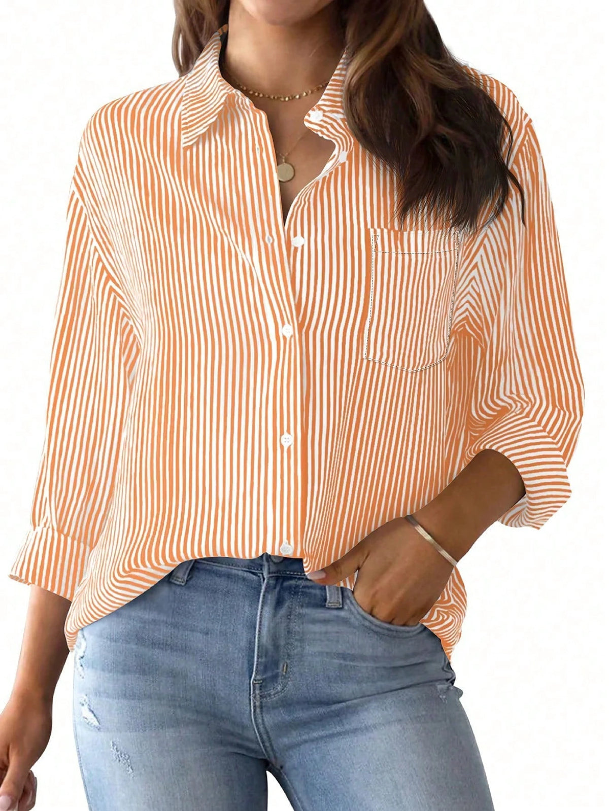 Button-Up Women Striped Classic Long Sleeve Collared Office Work Shirt With Pockets