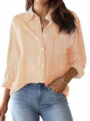 Button-Up Women Striped Classic Long Sleeve Collared Office Work Shirt With Pockets