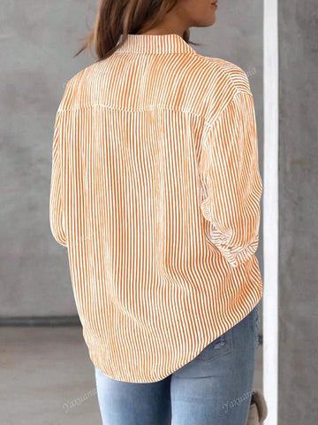 Button-Up Women Striped Classic Long Sleeve Collared Office Work Shirt With Pockets