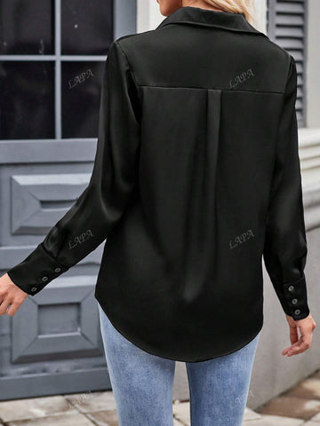 Button Up Solid Long Sleeve Shirt Blouse