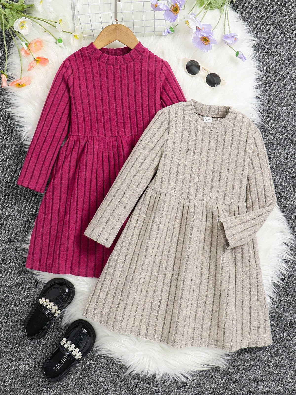 Buy 1 Get 1 Young Girl Solid Color Knitted Mock Neck Bodycon Casual Dress Set