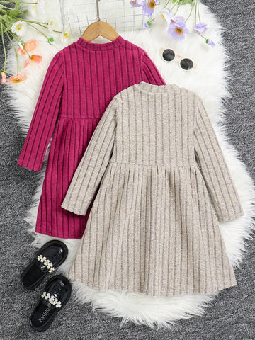 Buy 1 Get 1 Young Girl Solid Color Knitted Mock Neck Bodycon Casual Dress Set