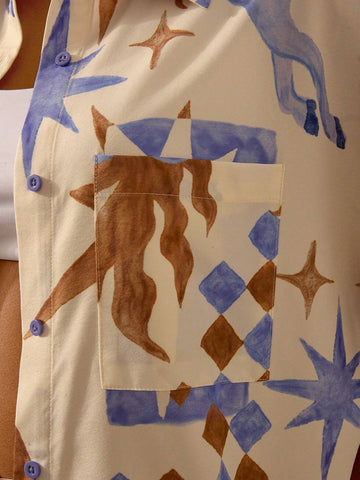 Vacation Casual Beach Boho Stars, Pegasus And Flame Prints Button-Up Short Sleeve Top And Relaxed Shorts Summer Set