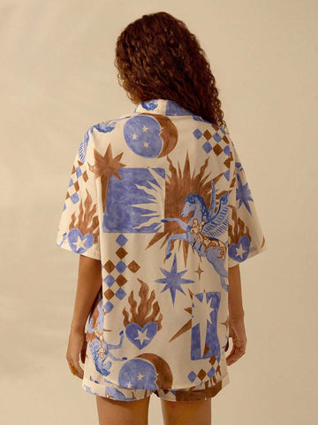 Vacation Casual Beach Boho Stars, Pegasus And Flame Prints Button-Up Short Sleeve Top And Relaxed Shorts Summer Set