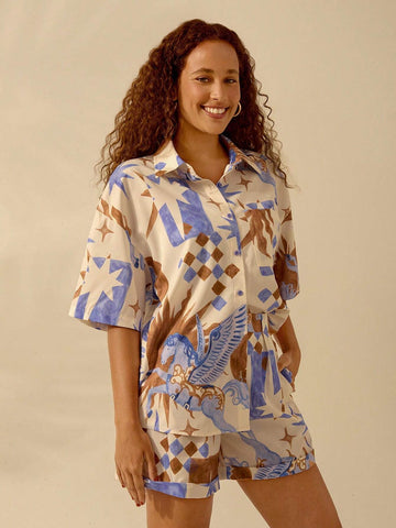 Vacation Casual Beach Boho Stars, Pegasus And Flame Prints Button-Up Short Sleeve Top And Relaxed Shorts Summer Set
