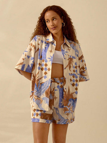 Vacation Casual Beach Boho Stars, Pegasus And Flame Prints Button-Up Short Sleeve Top And Relaxed Shorts Summer Set