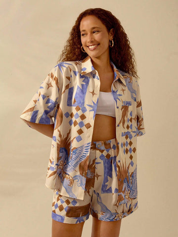 Vacation Casual Beach Boho Stars, Pegasus And Flame Prints Button-Up Short Sleeve Top And Relaxed Shorts Summer Set