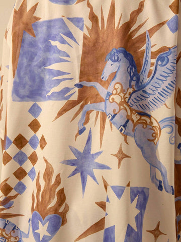 Vacation Casual Beach Boho Stars, Pegasus And Flame Prints Button-Up Short Sleeve Top And Relaxed Shorts Summer Set