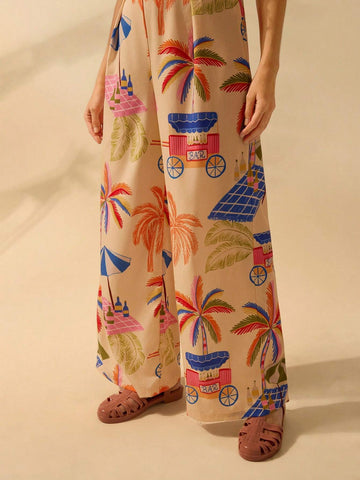 CAJUNI Boho Printed Women's Pants, Large Pockets Long-Strap Jumpsuit, Casual Beach And Vacation One-Piece Pants For Summer