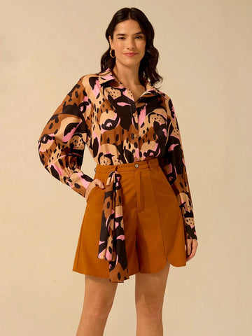 Boho Tropical Leopard Print Dropped Shoulder Long Sleeve Loose Women Blouse, Casual Holiday Beach Wear, Summer