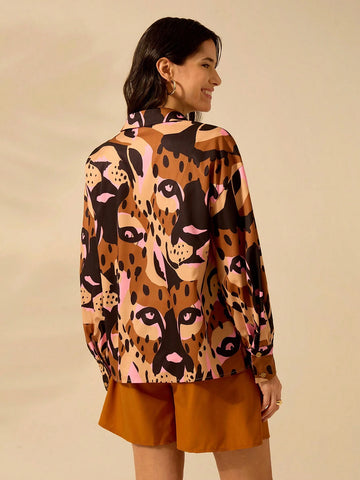Boho Tropical Leopard Print Dropped Shoulder Long Sleeve Loose Women Blouse, Casual Holiday Beach Wear, Summer