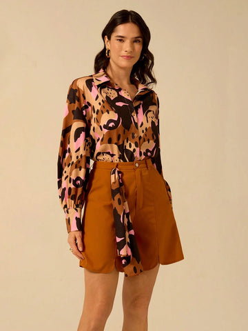 Boho Tropical Leopard Print Dropped Shoulder Long Sleeve Loose Women Blouse, Casual Holiday Beach Wear, Summer