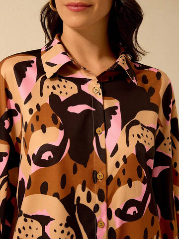 Boho Tropical Leopard Print Dropped Shoulder Long Sleeve Loose Women Blouse, Casual Holiday Beach Wear, Summer