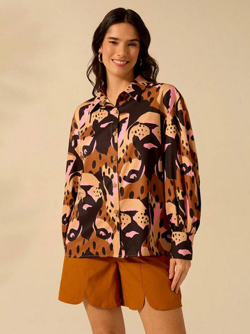 Boho Tropical Leopard Print Dropped Shoulder Long Sleeve Loose Women Blouse, Casual Holiday Beach Wear, Summer