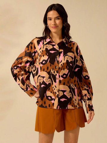 Boho Tropical Leopard Print Dropped Shoulder Long Sleeve Loose Women Blouse, Casual Holiday Beach Wear, Summer