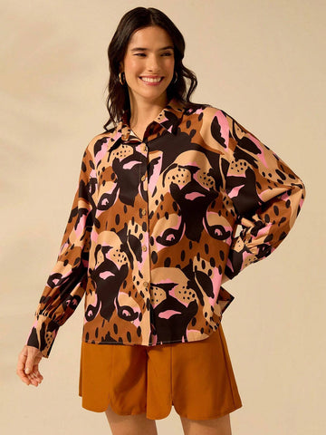 Boho Tropical Leopard Print Dropped Shoulder Long Sleeve Loose Women Blouse, Casual Holiday Beach Wear, Summer