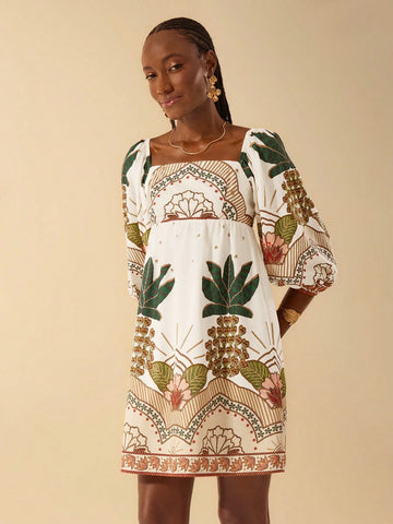 CAJUNI Boho Tropical Plant Print Vacation Casual Flare Sleeve Mini Dress For Women