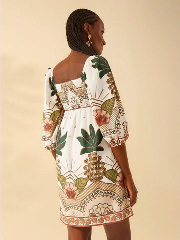 CAJUNI Boho Tropical Plant Print Vacation Casual Flare Sleeve Mini Dress For Women