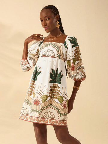 CAJUNI Boho Tropical Plant Print Vacation Casual Flare Sleeve Mini Dress For Women