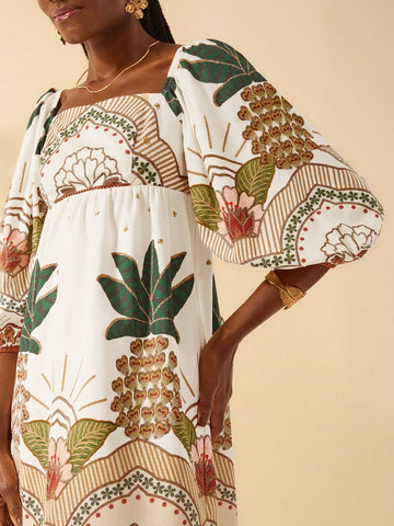 CAJUNI Boho Tropical Plant Print Vacation Casual Flare Sleeve Mini Dress For Women