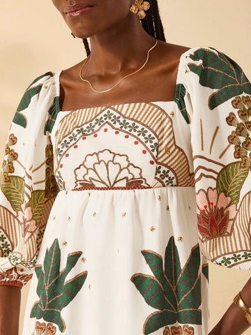 CAJUNI Boho Tropical Plant Print Vacation Casual Flare Sleeve Mini Dress For Women