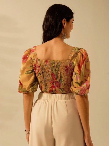 Holiday Casual Summer Boho Chic Tropical Snake And Rhododendron Yellow Print Cut Shirt