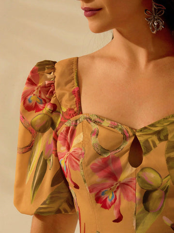 Holiday Casual Summer Boho Chic Tropical Snake And Rhododendron Yellow Print Cut Shirt