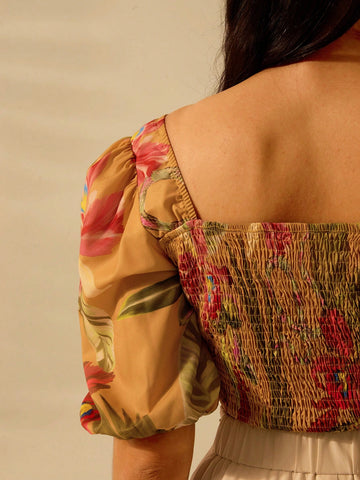 Holiday Casual Summer Boho Chic Tropical Snake And Rhododendron Yellow Print Cut Shirt