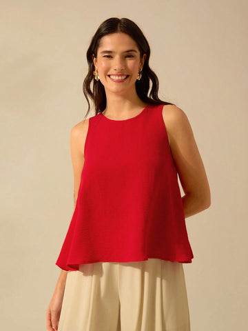 Women Back Teardrop Hollow Sleeveless Orange Flared Vest, Vacation Casual Summer Top