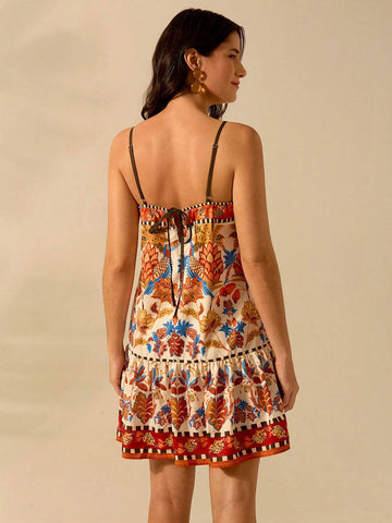 CAJUNI Women Boho Pineapple, Toucan, Tropical Plants Printed Tie Back Short Casual Beach Summer Dress