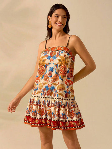 CAJUNI Women Boho Pineapple, Toucan, Tropical Plants Printed Tie Back Short Casual Beach Summer Dress