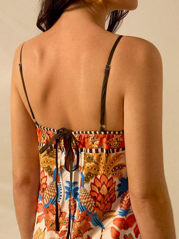 CAJUNI Women Boho Pineapple, Toucan, Tropical Plants Printed Tie Back Short Casual Beach Summer Dress