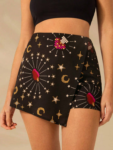 CAJUNI Women Boho Print, Star, Moon, Mushroom, Pineapple Print, Short Black Culottes, Summer Casual, Beach Holiday Shorts