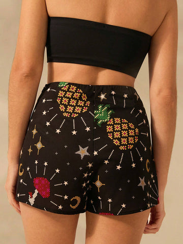 CAJUNI Women Boho Print, Star, Moon, Mushroom, Pineapple Print, Short Black Culottes, Summer Casual, Beach Holiday Shorts